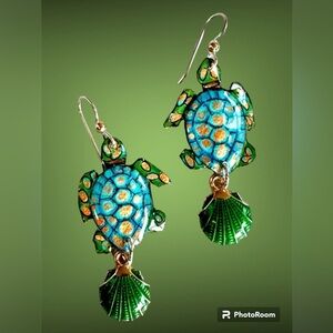 Handmade designed painted sea turtles OOAK tortoise earrings shells sterling